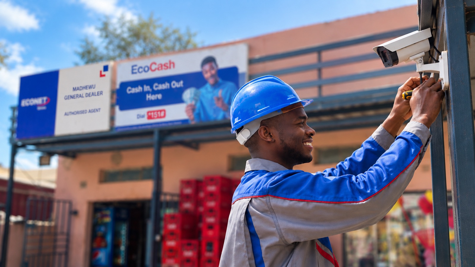 A technician in a blue hard hat and Econet overalls installing a security camera outside an EcoCash agent shop