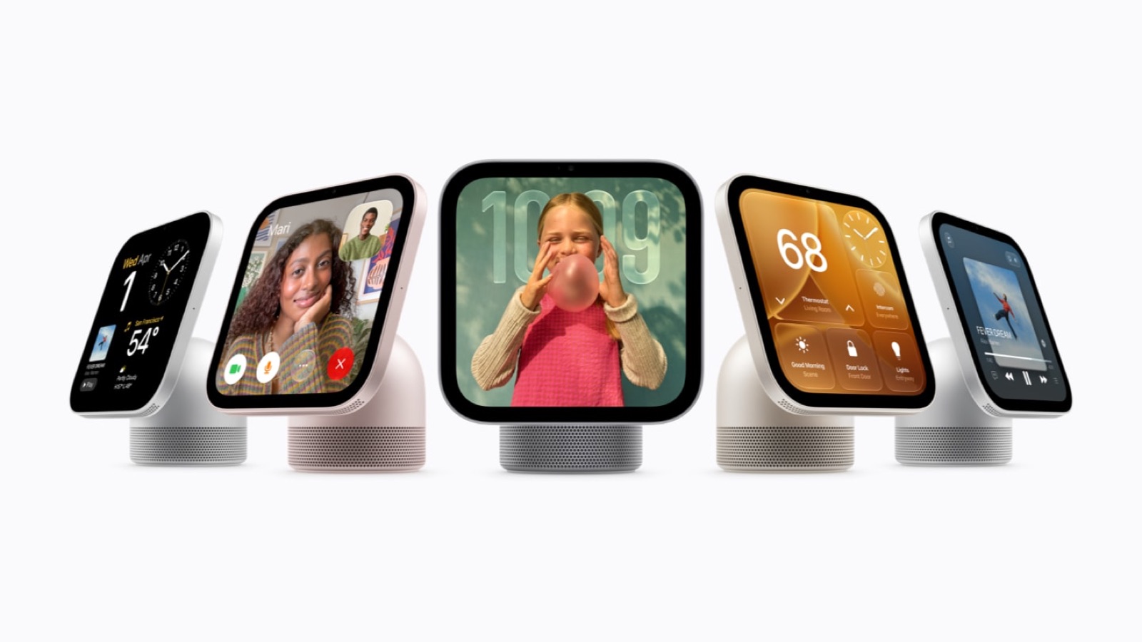 Apple HomeView smart displays in silver, starlight, rose pink and space gray, each a square screen on a small domed speaker base