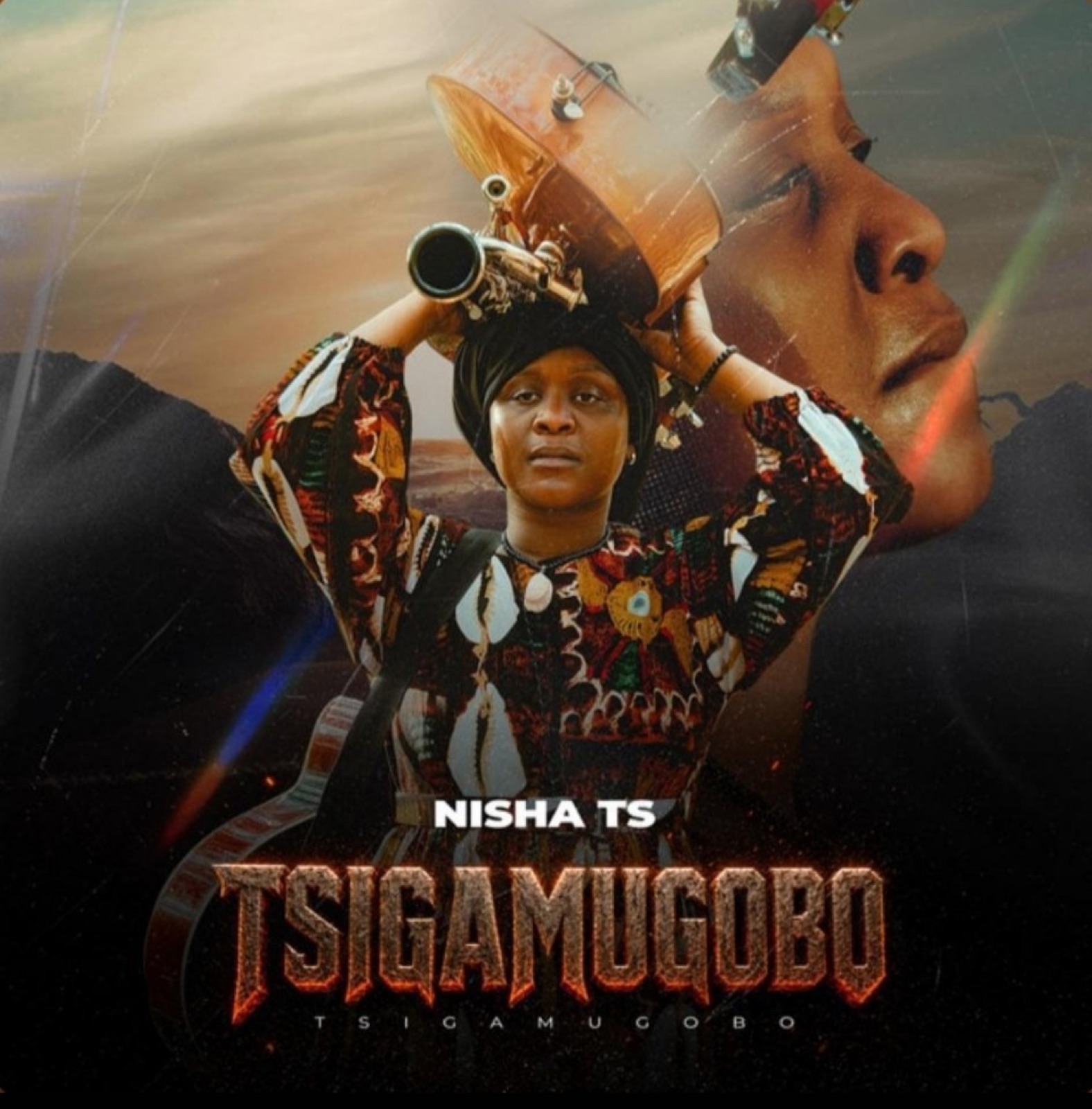 Album artwork for Tsigamugobo by Nisha Ts, showing the singer carrying musical instruments on her head